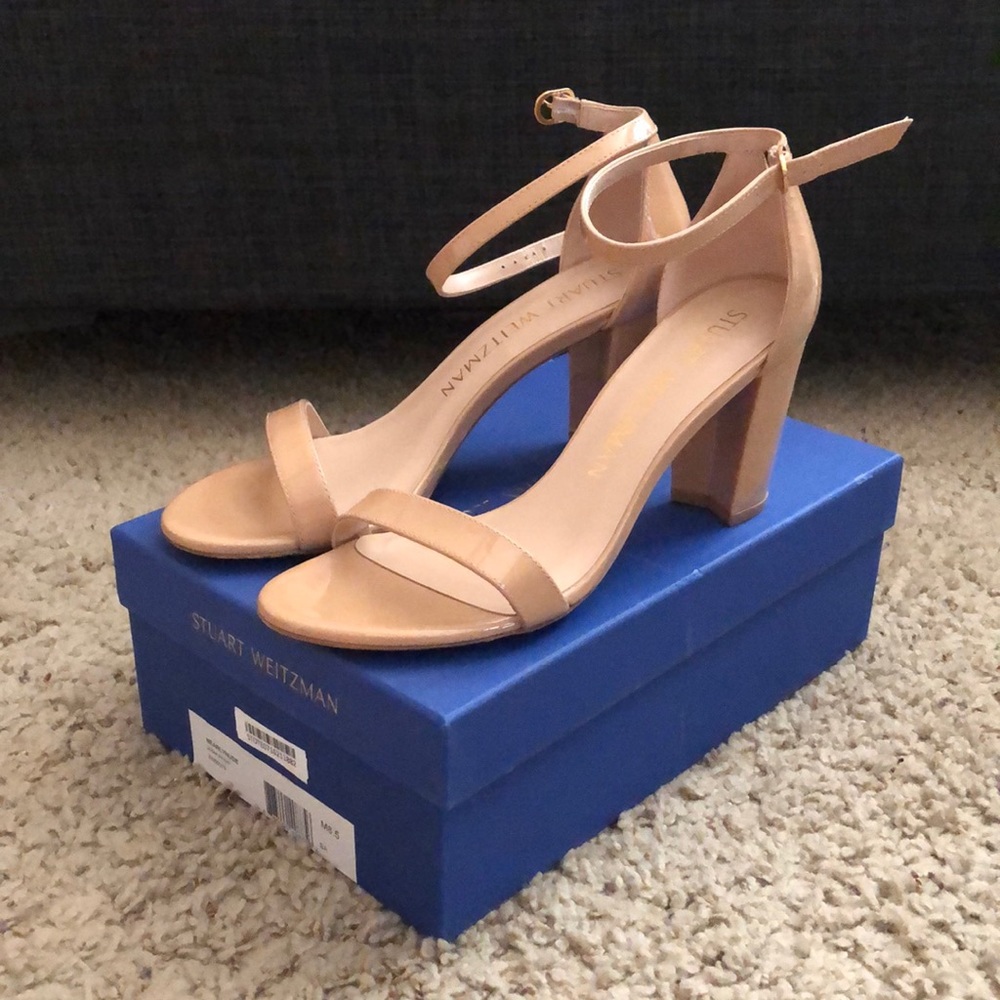 Stuart Weitzman Nearly Nude Strap Sandal Heels 8.5 Adobe patent